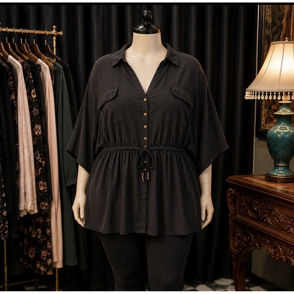 Lane Bryant 26/28 Black Button Front Drawstring Waist Blouse Tunic Plus Size